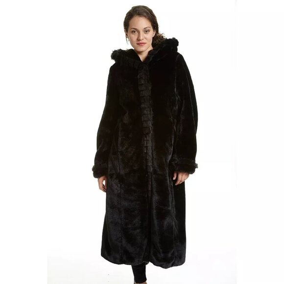 Excelled Collection XL Plus Black Faux Fur Hooded Coat Plush Snaps RU10310 - Picture 1 of 11